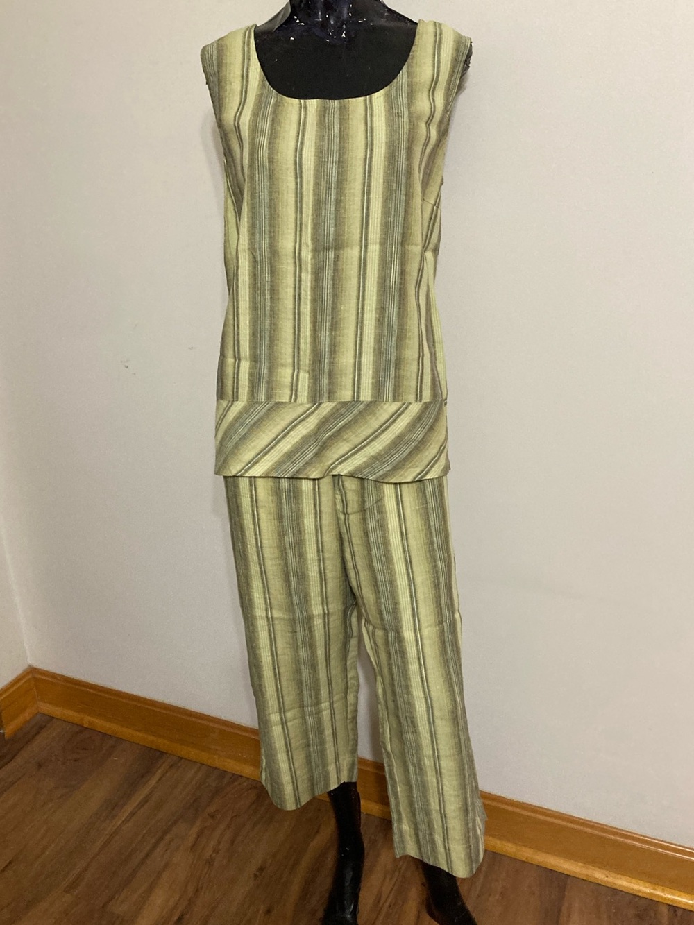 Sleeveless Striped Two-Piece Pants Set in Light Olive. Item # SScpcs2